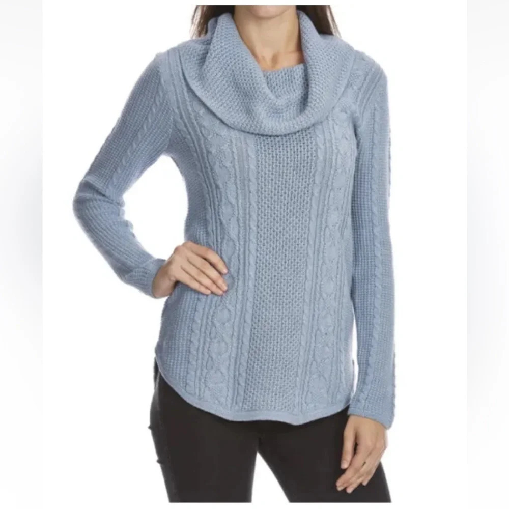 Jeanne‎ Pierre Blue Cable Knit Cowl Neck Cotton Sweater Womens Small
